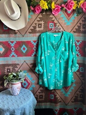 Skies Are Blue Teal Floral Button-Down Blouse